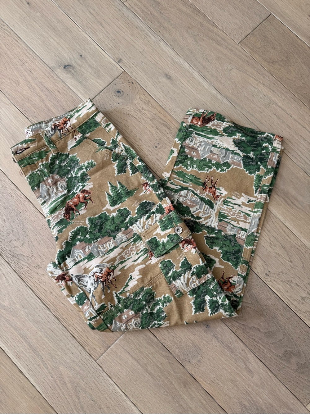 Women’s Boot Cut Jeans in Tan & Green Scenic Print